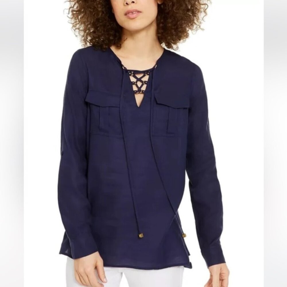 Michael Kors Cotton Neck Lace Tunic Roll Up Sleeves Pockets Top Lightweight M